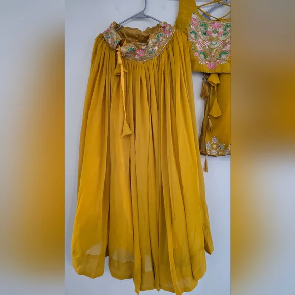 Yellow Sequined Embroidered Work Faux Georgette Fabric Flared Lehenga Choli - Picture 6 of 14
